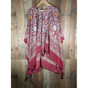 Boho Kimono Cardigan Wrap One Size Red Floral Tapestry Tassel Festival Duster
